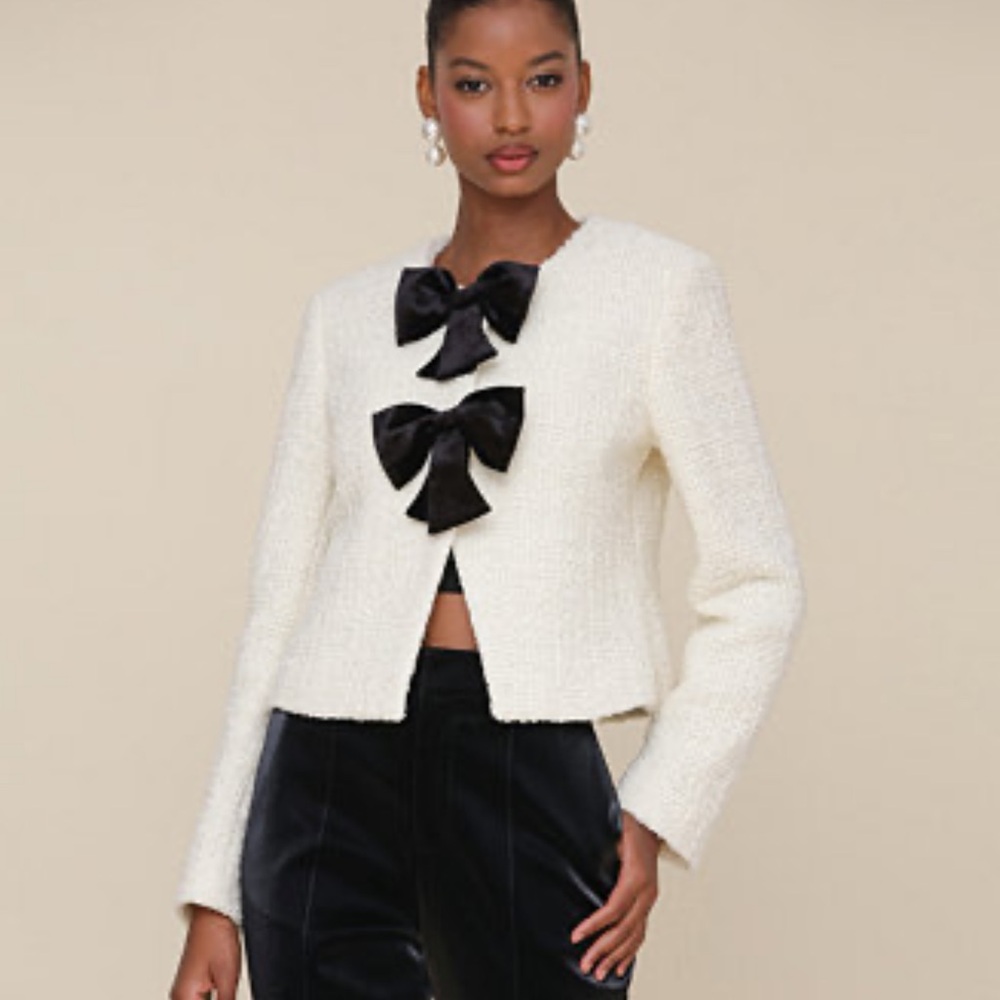 Avec Les Filles‎ Ivory Bouclé Jacket with Black Satin Bows small NWT